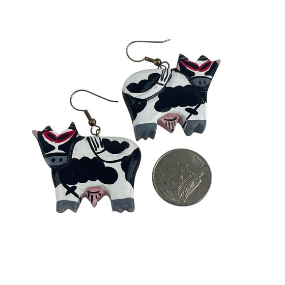 Handcrafted Bovine-Themed Dangle Earrings With Unique Black White Cow Design Whi - Picture 3 of 5